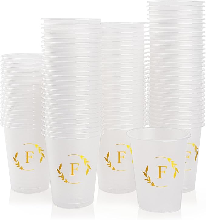 100 Monogrammed Cups Disposable Initial Plastic Cup 12 oz Wedding Personalized Cup for Wedding Reception Baby Shower Birthday Party(Letter F)