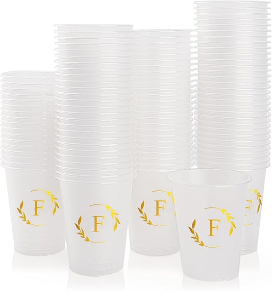 100 Monogrammed Cups Disposable Initial Plastic Cup 12 oz Wedding Personalized Cup for Wedding Reception Baby Shower Birthday Party(Letter F)