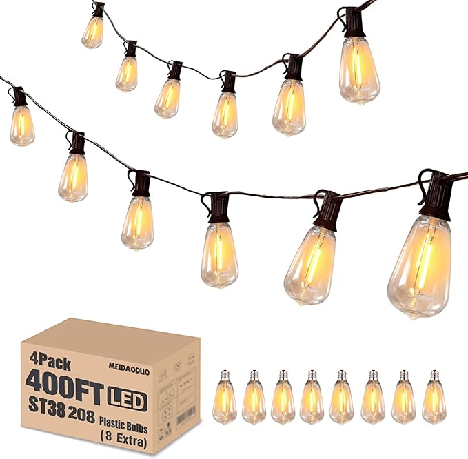 LED Outdoor Edison String Light 400FT Patio Lights with 200+8 Extral Shatterproof ST38 Vintage 2200K Bulbs Outside Lights Waterproof for Patio Porch Pergola Garden backyard,4Pack x 100FT Connectable