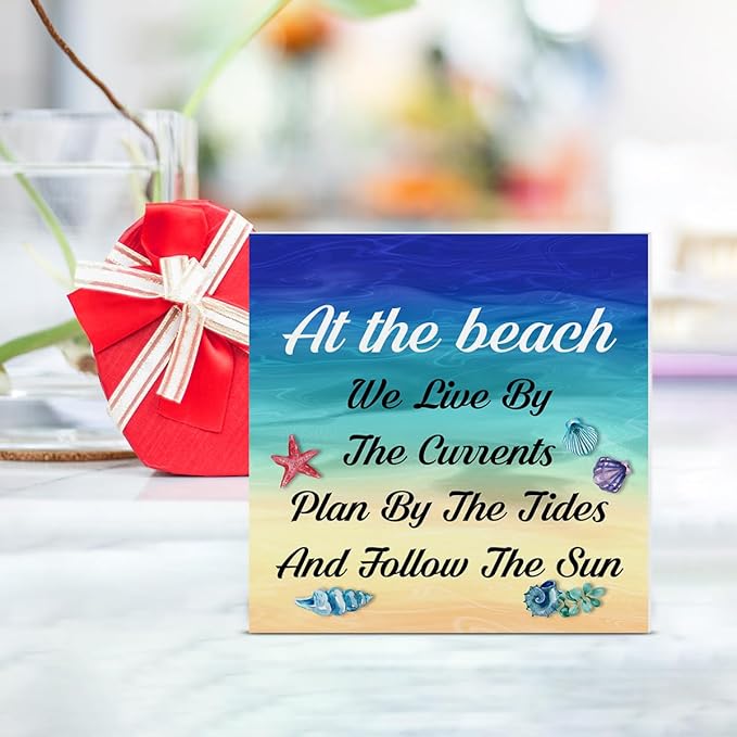 Summer Beach Decor Seashell Wood Block Sign Summer Decorations for Home Desk Table Shelf 5 x 5 Inches