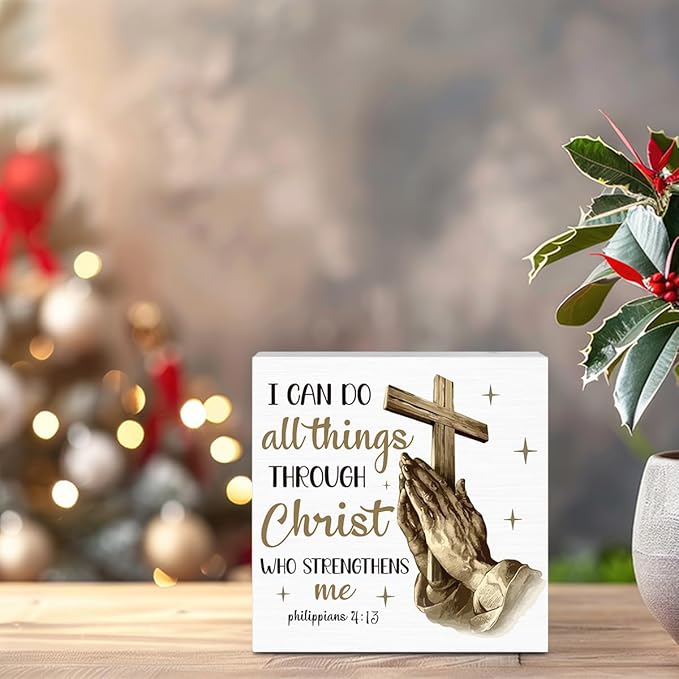 Christian Christmas Decorations, Christ Decor with Praying Hands, Religious Bible Gifts for Women, Men - Baptism Decorations for Home Desk Table Shelf 5 X 5 Inch