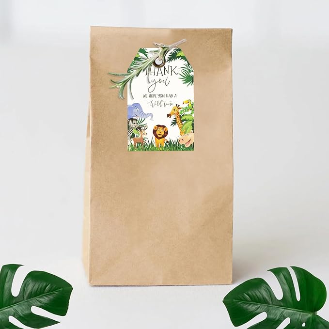 G2PLUS Jungle Safari Thank You Tags, 50PCS Animal Thank You Paper Tags, Wild Animals Thank You Gift Tag with String for Jungle Safari Birthday, Engagement, Baby Shower Party Favors (Green)