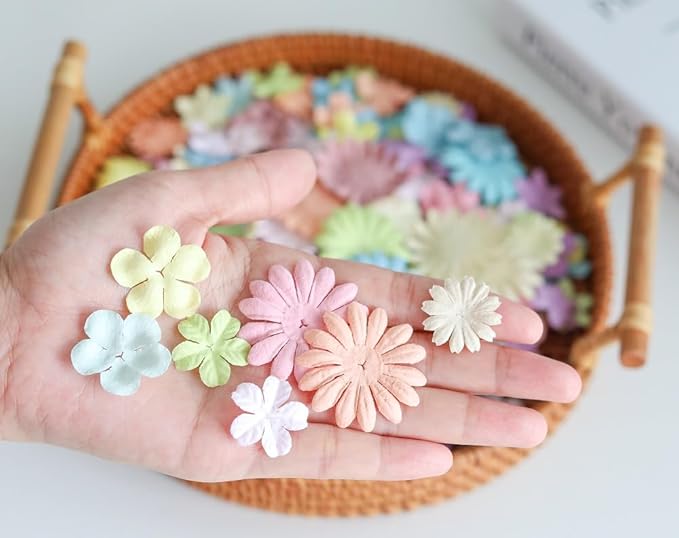 100 Pcs Handmade Mixed Flowers Mulberry Paper Flowers 18 mm - 1.5 Inch Scrapbooking Wedding DIY Craft Supplies Card (Pastels Tone)
