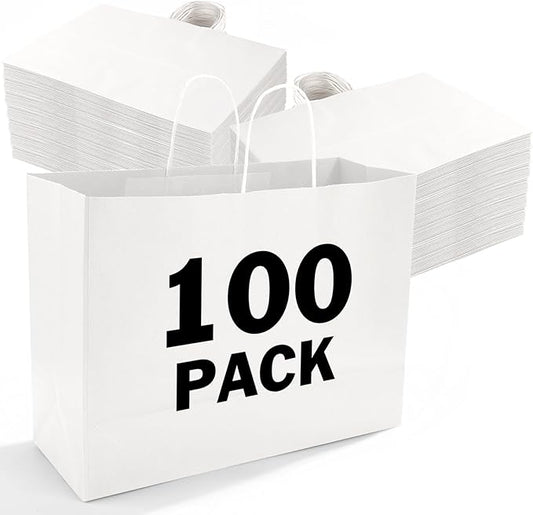 XPCARE 100Pcs 16x6x12 Inches Large Paper Bags with Handles Kraft Paper Bag Gift Bags with Handles Shopping White Paper Bag for Business Merchandise Wedding Party Favors