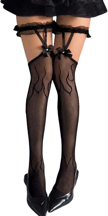 Flame Fishnets,Patterned Thigh High Stockings With Bow,Sexy Fire Devil Costume Women