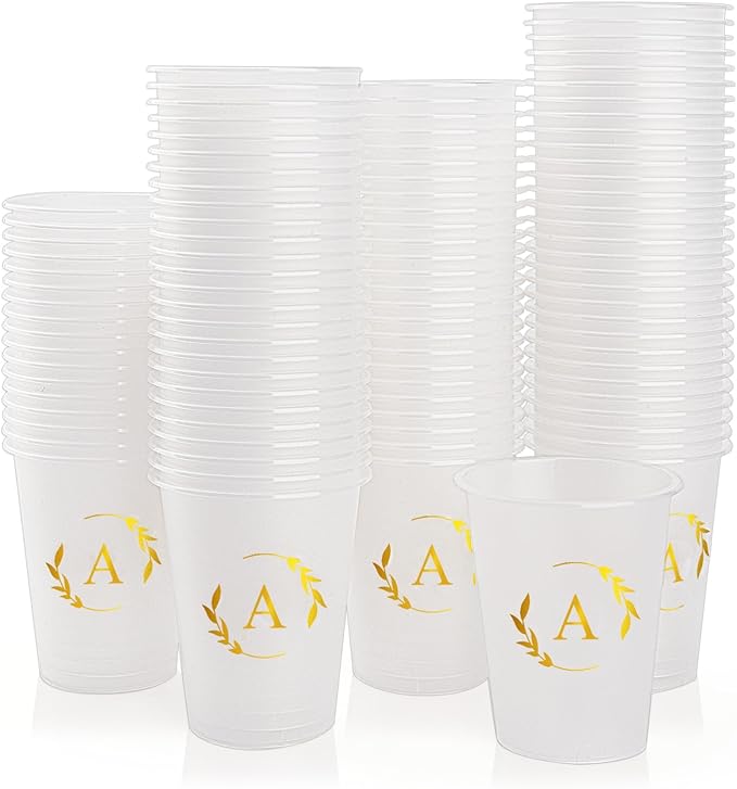 100 Monogrammed Cups Disposable Initial Plastic Cup 12 oz Wedding Personalized Cup for Wedding Reception Baby Shower Birthday Party(Letter A)