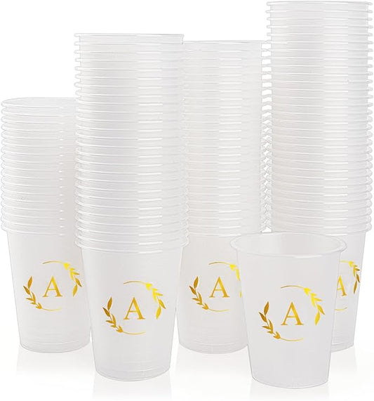 100 Monogrammed Cups Disposable Initial Plastic Cup 12 oz Wedding Personalized Cup for Wedding Reception Baby Shower Birthday Party(Letter A)