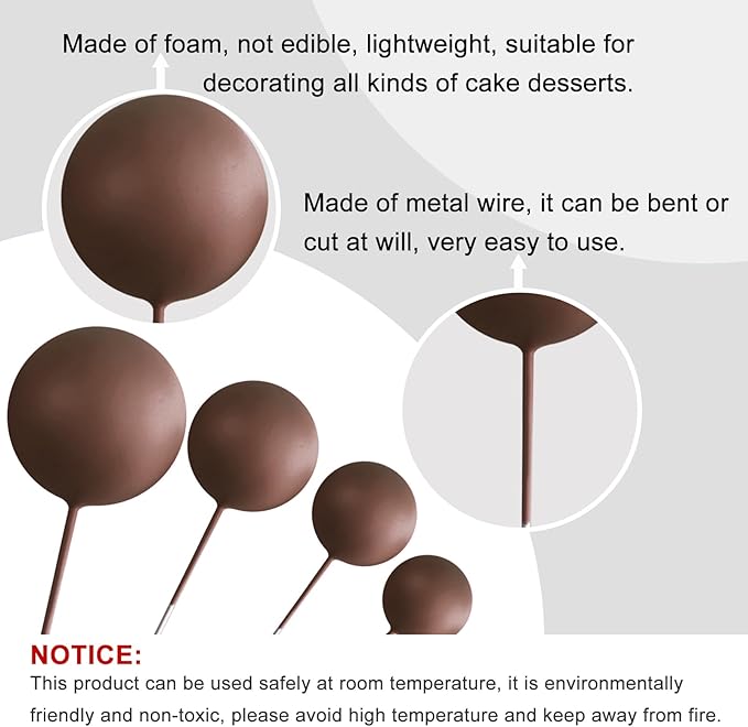 ASTARON 20 Pcs Ball Cake Topper Decorations Mini Balloons Cake Topper Sticks Brown Balls Cake Picks Cake Topper Balls Cake Decorations for Wedding Birthday Cake Decorations