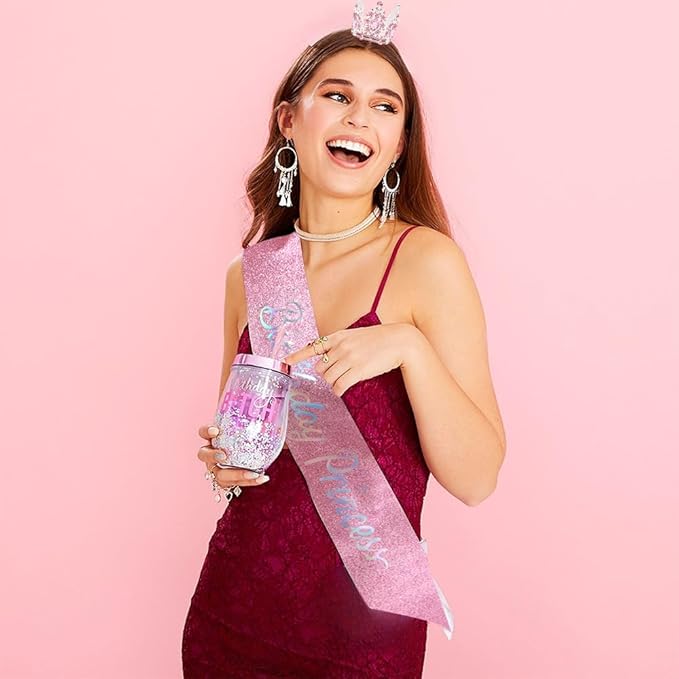 Birthday Princess Sash for Women Tiara & Crowns Headbands for Girls Happy Birthday Party Accessories Favor Supllies Leona Pink Silver, 2 Pack