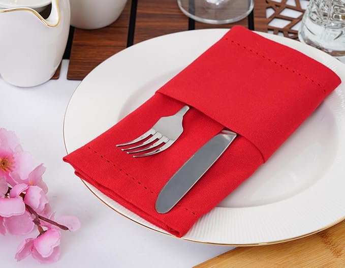 Blue Needles Set of 12 Hemstitch Linen Napkins 100% Cotton Red Cloth Dinner Napkins 18x18 inches, Soft, Reusable, Absorbent, Washable, Ideal for Fall Thanksgiving Events, Parties & Everyday Use