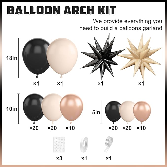 Black Gold Balloon Arch Kit,Sand White Balloon Garland with Star Foil Balloons Metallic Champagne Gold Balloons for Birthday Baby Showers Boho Wedding Party Decorations