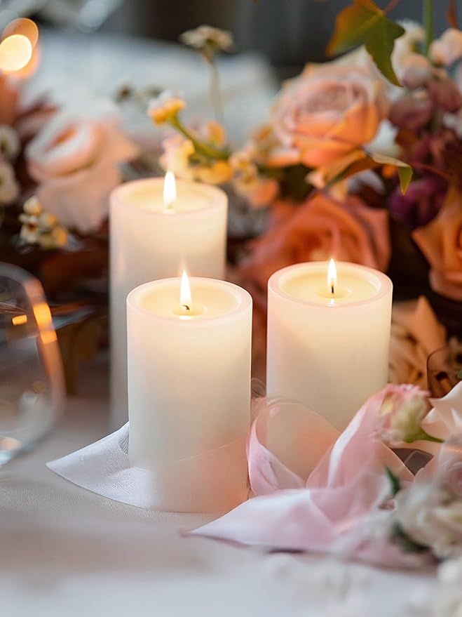 White Pillar Candles, Set of 3 Wax,56 Hours Long Burning,Unscented and Dripless Pillar Candles Bulk,Large Candles (3x4 inch) for Christmas Lights,Wedding,Parties, Spas,Home Decorative