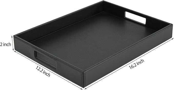 HofferRuffer Rectangle Serving Tray with Hole Handles for Coffee Table, Breakfast, Tea, Food, Butler - Countertop, Kitchen, Vanity Serve Tray, 16.2 x 12.2 x 2 inches, Faux Leather Tray (Black)