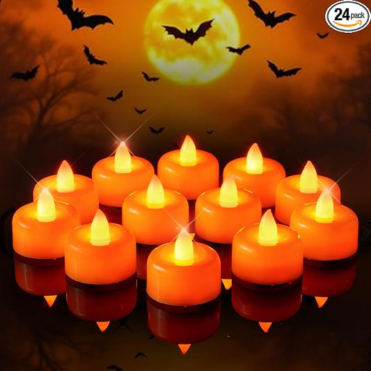 Amagic 24 Pack Halloween Orange Flameless LED Tea Lights Candles Battery Operated, Electric Fake Tealight Candles for Votive, Wedding, Table Centerpiece, Party, Holiday Decor, Christmas