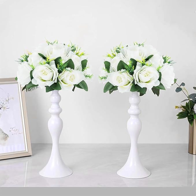 10Pcs Artificial Flower Ball Arrangement, 9.5" 15 Heads Wedding Roses Bouquet with Base Suitable for Parties Valentine's Day Wedding Centerpieces Flower Rack and Home Decor (White)