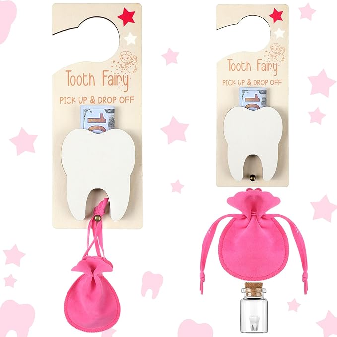 Tooth Fairy Holder Bag Hanger with Money Slot Keepsake Bottle Velvet Pouch Tooth Fairy Box Encourage Gift for Lost Teeth Boy Girl Milk(Classic,Rose Red)
