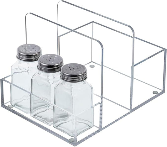 MyGift 2-in-1 Disposable Napkin and Salt & Pepper Caddy, Metal Vintage Scrollwork Dinner Table Paper Towel Condiment Holder with Rustic Solid Wood Base (Premium Clear Acrylic)