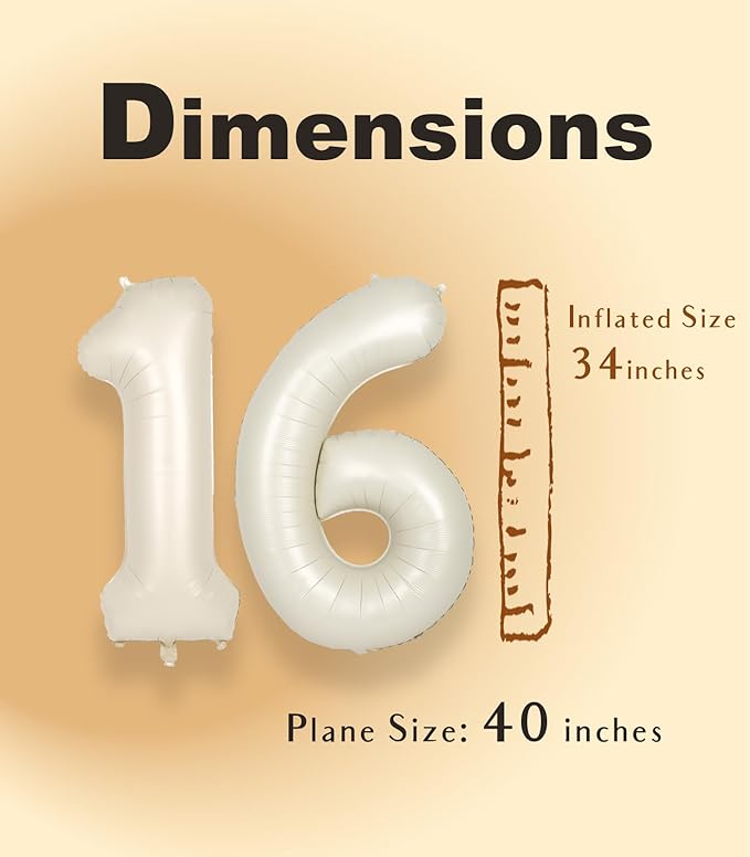 SUWEN 40 Inch Cream White Large 16 Number Balloons Big Foil Helium Number Balloons 0-9 Jumbo Happy 16th Mylar Birthday Party Decorations for Boy or Girl 61 Anniversary Party Supplies