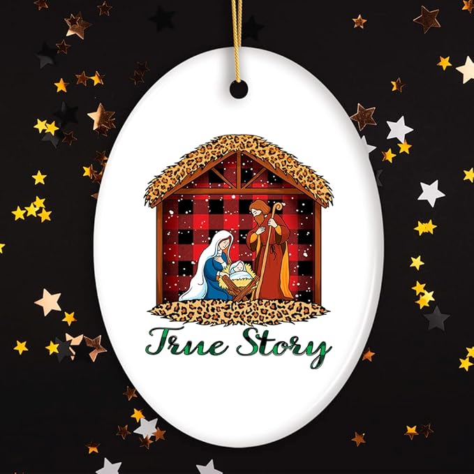 Religious Themed Christmas Ornaments, Nativity and Jesus Christ Decorations - True Story Nativity Plaid Birth of Christ Ornament