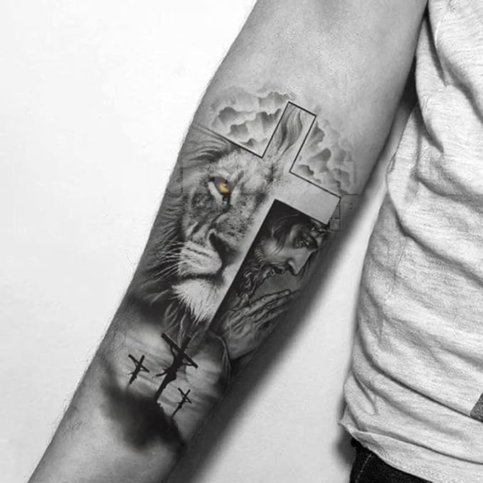 Generic 2 Sheets Large Half Arm Sleeve Temporary Tattoos For Men Women Waterproof Fake Forest Lion Jesus Cross Old School Halloween Fake Tattoo Stickers Adults Black Realistic Animals Tattoo