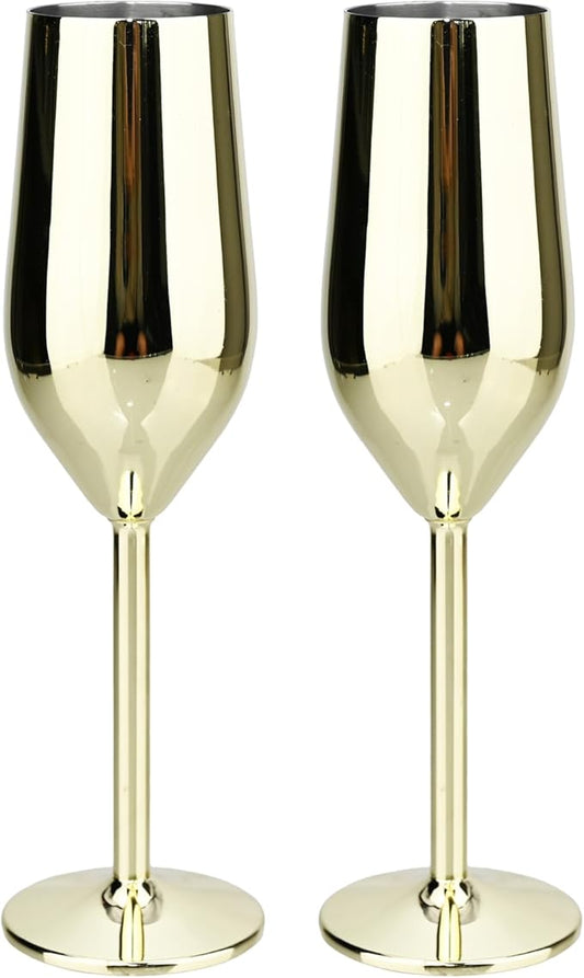 TJ Unbreakable 8 Oz Stainless Steel Champagne Flutes (2 Pack)- Gold Champagne Glasses - Reusable Indoor Outdoor Drinkware - Keeps Drink Cool for Longer - Gift Idea