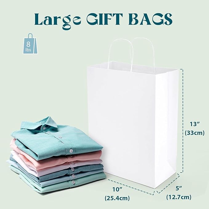 MESHA Gift Paper Bags 500 PACK 10X5X13 White Large Shopping Kraft Bags Bulk with Handles Reusable for Business,Grocery,Birthday,Wedding,Kids Party,Favors