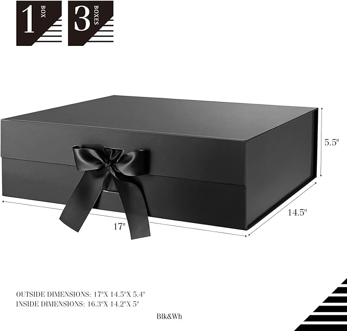 BLK&WH 3 Extra Large Gift Boxes with Ribbon 16.3x14.2x5 Inches, Large Black Gift Boxes with Lids for Presents, Groomsmen Proposal Boxes, Big Gift Boxes for Clothes and Large Gifts (Glossy Black)