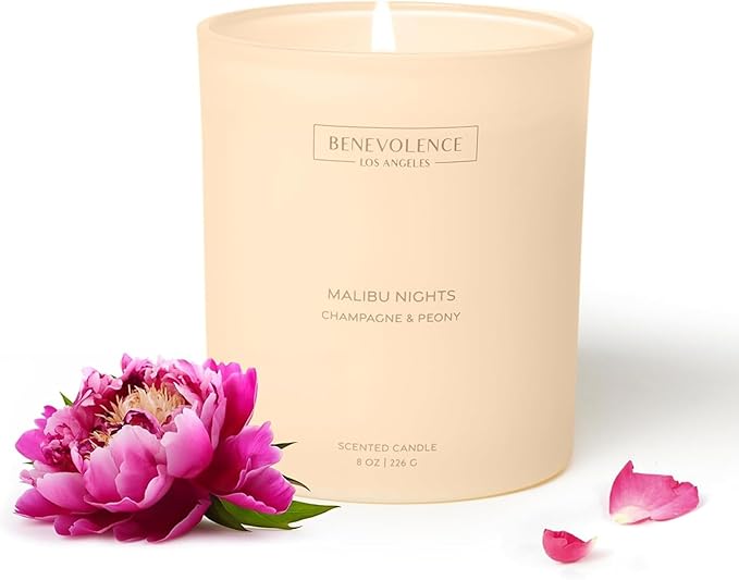 Champagne & Peony – Benevolence LA Scented Candle | 8oz, 45-Hour Burn | Natural Soy Wax, Cotton Wick | Romantic & Elegant Home Fragrance | Malibu Sands Collection – Gift for Women & Men