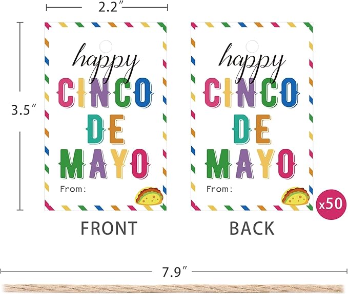 50PCS Cinco De Mayo Gift Tags, Thank You Tags for Mexican Themed Party Favors -Double-Sided