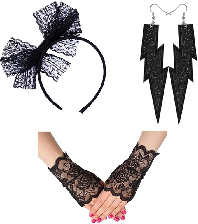 Womens Lace Headband Neon Earrings Fingerless Gloves for 80's Party Pop Diva Costume Accessories
