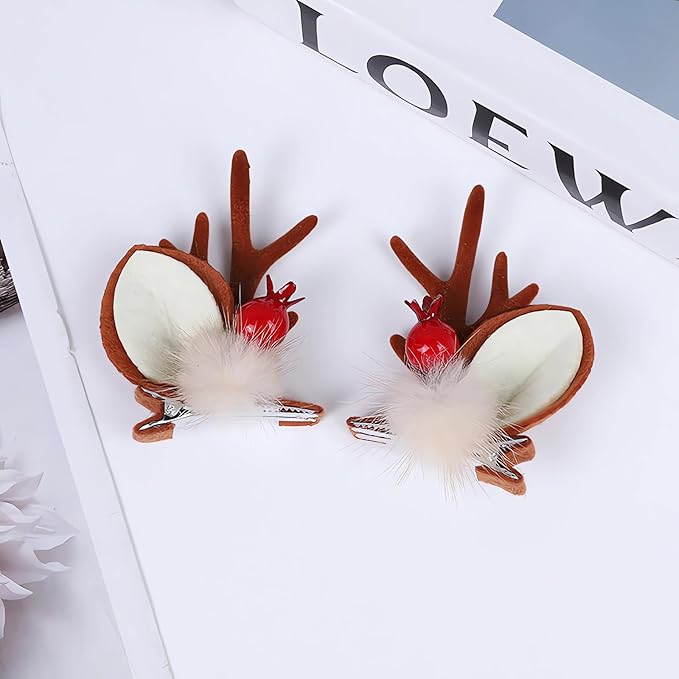 Christmas Reindeer Antlers Headband Brown Red Deer Ears Clips with Elk Fluff Red Antler Design Party Xmas Deer Antlers Decor Holiday Costume Hairpin for Women Girls Deer Ears Decoration