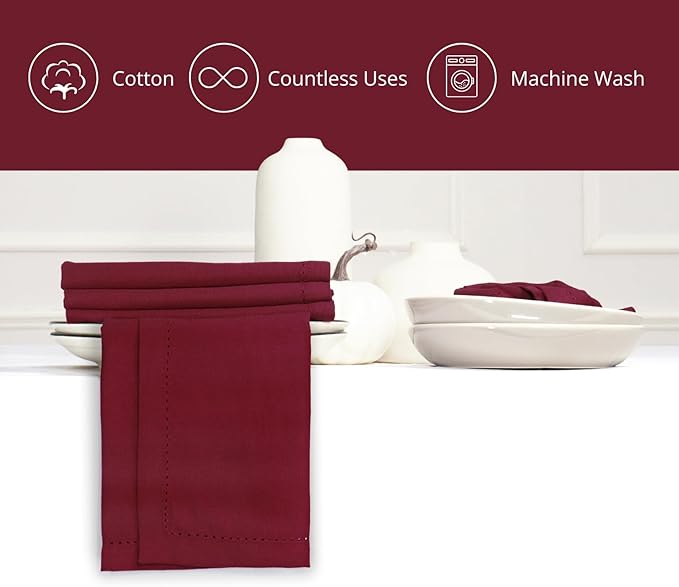 PurpleEssences Set of 12 Hemstitch Cloth Dinner Napkins 100% Cotton - Soft Durable Washable - Ideal for Wedding Christmas Holiday Winter - Perfect Everyday Use Table Linen 18x18 - Burgundy