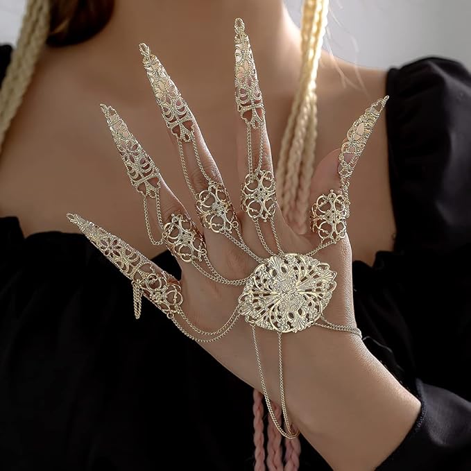 Octwine 1 pcs Ancient Queen Bracelet with Finger Nails Tip Claw Belly Dance Hand Chain Indian Dainty Costume Finger Nails Bracelet for Women