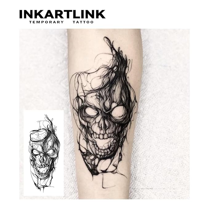 INKARTLINK Tattoo Tech, 2 Sheets Large Semi Permanent Tattoo, Adult Art Design Temporary Tattoos, Lasts 1-2 Weeks, Waterproof, Realistic Look, No Adhesive, No Reflection (Skull Head Design)