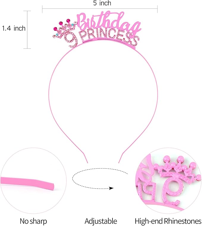 VELSCRUN 2nd 3rd 4-9th Birthday Princess Headband Pink Tiara Crown for Girls It's My Birthday Sash Party Decorations Gifts