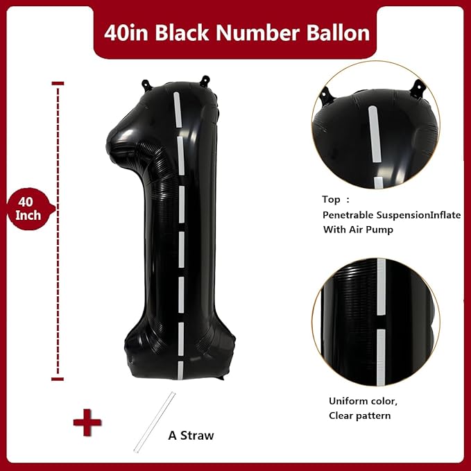 40 Inch Race Car Black Number Balloons Race Car Birthday Party Balloons Large Black Number 1 Balloons Boys 1st Birthday Party Race Car Theme Party Decorations Supplies（Digital 1）