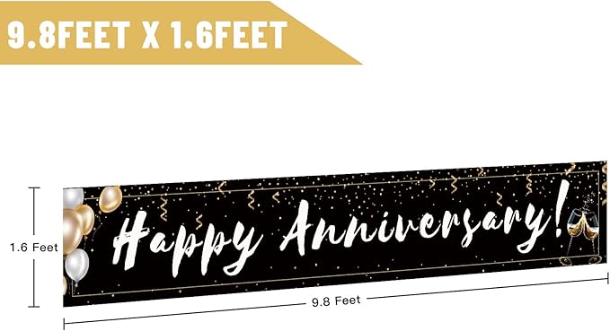 Romantic Happy Anniversary Decorations Banner - Black 118"x20" Bilingual "Feliz Aniversario" Sign, Extra Large Reusable Wedding Party Decor for Indoor Outdoor