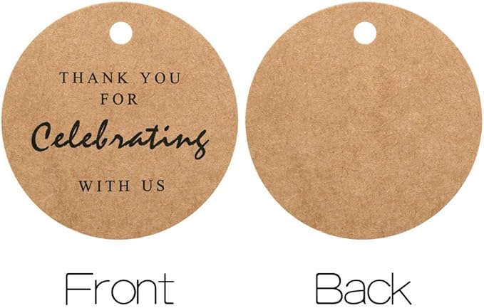 G2PLUS Thank You for Celebrating with Us Tags, 2.2in Original Design Kraft Paper Gift Tag, 100 PCS Thank You Present Tags with String for Gift Wrap, Wedding, Baby Shower, Holiday Party Favor (Brown)