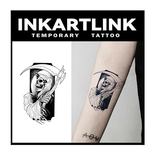 INKARTLINK Tattoo Tech, 2 Sheets Medium Semi Permanent Tattoo, Adult Art Design Temporary Tattoos, Lasts 1-2 Weeks, Waterproof, Realistic Look, No Adhesive, No Reflection (Grim Reaper Design)
