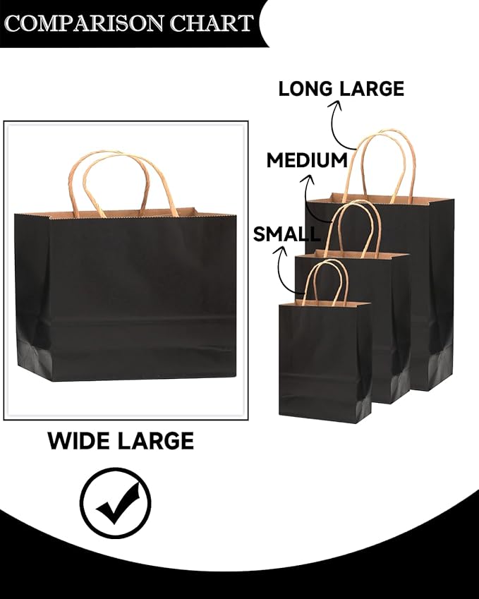 qiqee 30-Packs Black Gift Bags with Handles Bulk 13"x4.5"x10" Wide Large Size Kraft Party Paper Bags