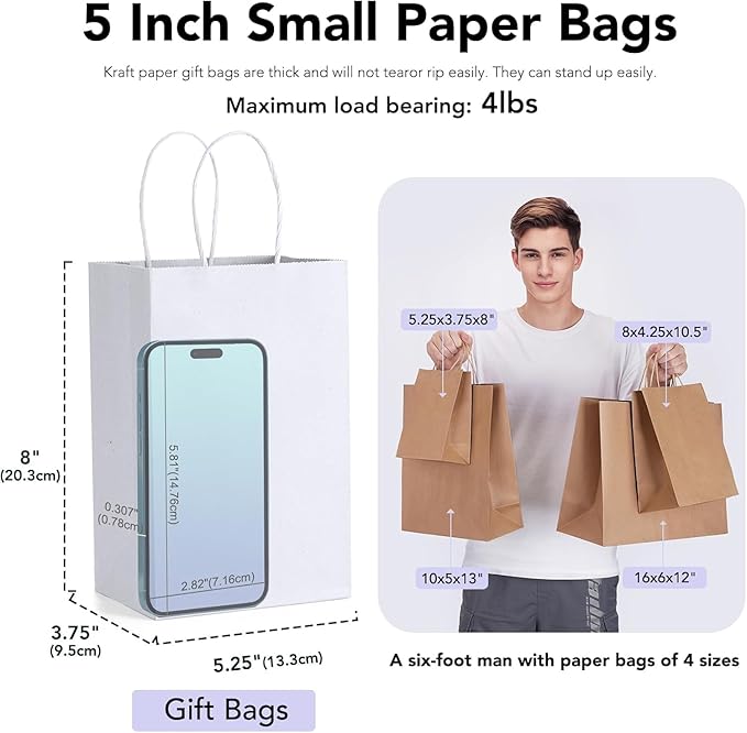 GSSUSA Paper Gift Bags 5.25x3.75x8 Inch 20000 Pack, Valentine's Day Gift Wrap Bags with Handles, White Kraft Paper Bag for Small Business, Heavy Duty Bulk, for Birthday Party Favors, Shopping, Retail