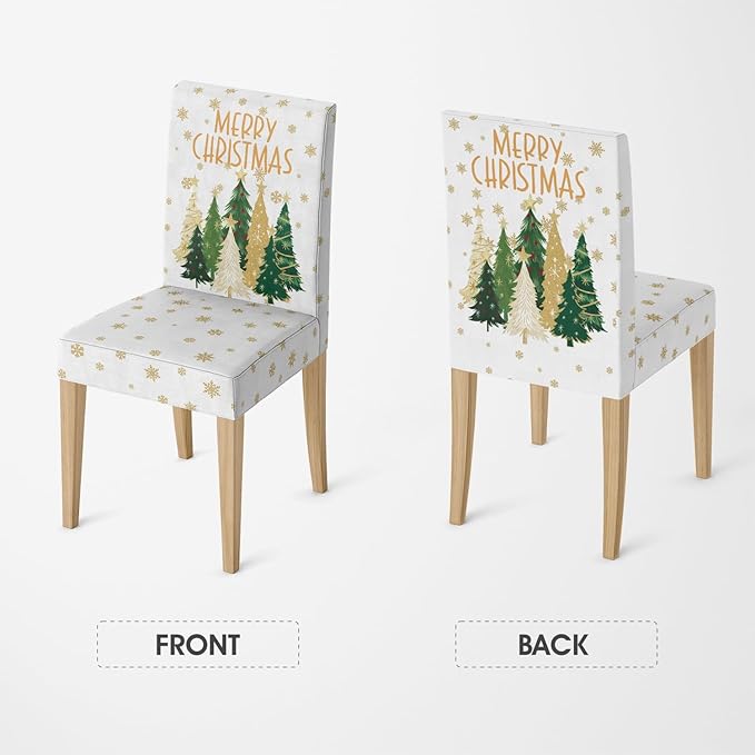 Horaldaily 8PCS Christmas Dining White Chair Covers, Christmas Pine Tree Stars Stretch Removable Washable Slipcover Chair Protector for Dining Room Home Decor