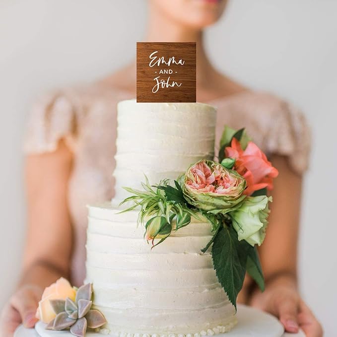 Andaz Press Rustic Wood First Names Custom Wedding Cake Topper, Acrylic Square Personalized Couple Cake Topper