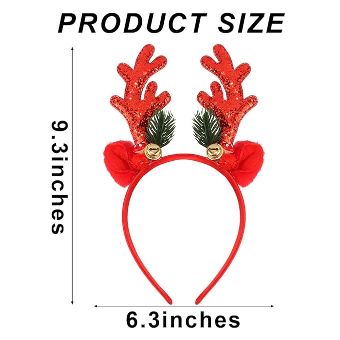 TODDER Red Christmas Headband, Reindeer Antlers Ears Headband for Adults and Kids, Christmas Hair Accessories Deer Antlers Costumes for Themed Parties and Cosplay