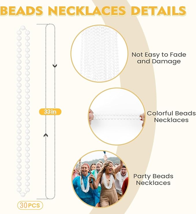 SHAOQINLIN 30 PCS White Bead Necklaces, 33" White Mardi Gras Christmas Beads Necklace, 4th of July Necklaces, Parade Throws Accessories for Christmas Independence Day New Year Party Favors