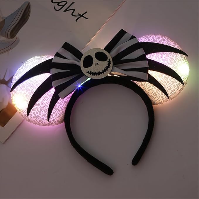 LED Mouse Ear Halloween Light Up Headband, Flash Glowing Hair Bow Party Decoration Headwear Hair Accessories for Women Girls