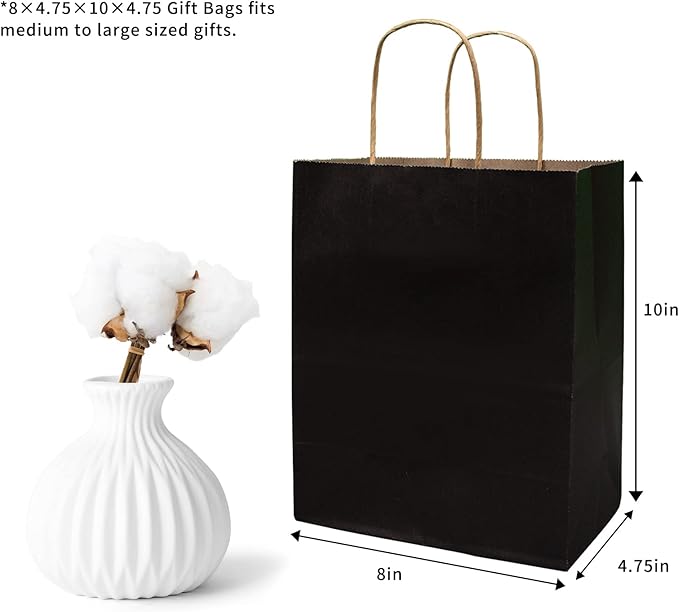 FACEBAG 50 PCS Black Paper Bags with Handles Bulk, 8x4.25x10.5 Inches,Medium-sized Gift Bags for Party Favors，Take-Out，Grocery Shopping & Retail,Christmas,weddings,Reusable & Durable