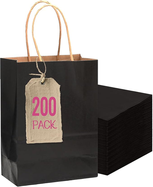 qiqee 200-Packs Black Paper Gift Bags with Handles Bulk 4.5"x2.5"x6" Mini Size Paper Bags Multiple Uses
