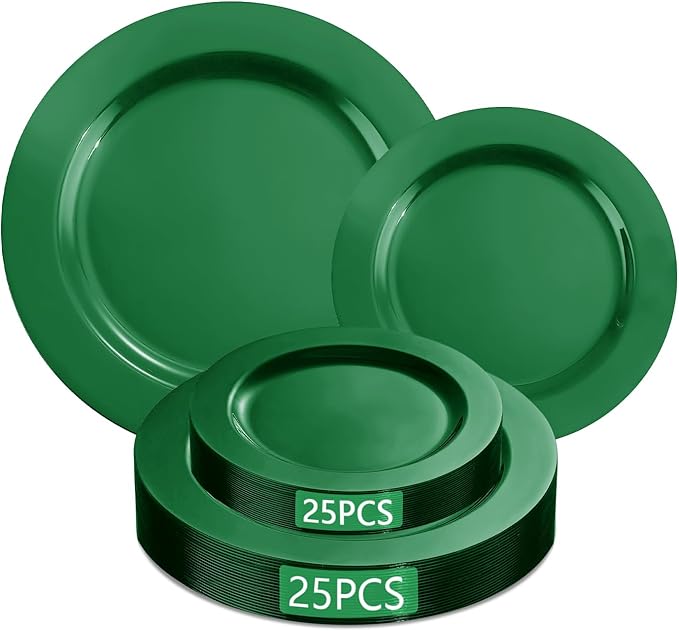 MENDENG 50PCS Green Plastic Plates for Party, 25x10.25 Dinner Plates & 25x7.5 Dessert Plates, Heavy Duty Disposable Plastic Plates for Party Birthday Christmas