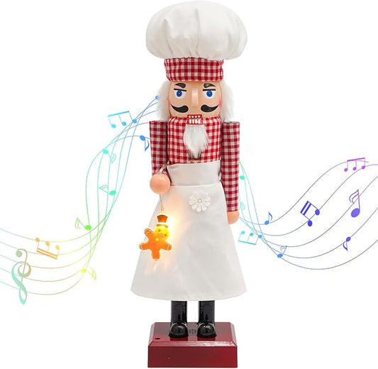 16" Lighted Chef Nutcracker with Music, Festive Christmas Decoration, Nutcracker Collectible Christmas Decor for Tabletop, Shelves, and Fireplace Mantel (Chef)